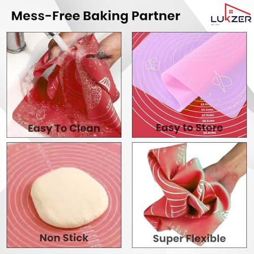 Image of Lukzer 2 Pcs Silicone Baking Mat with Measurements | Non-Stick Reusable Dough Rolling Sheet for Fondant Pastry Roti Chapati Pizza & Bread 50 x 40 cm (Multicolor)