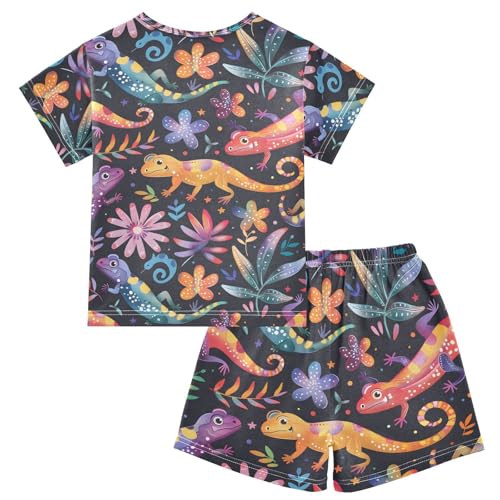 ALAZA Lizard Floral Black Pajamas Short Sleeve 2 Piece Sleepwear Top and Bottom Pajama Set Unisex2