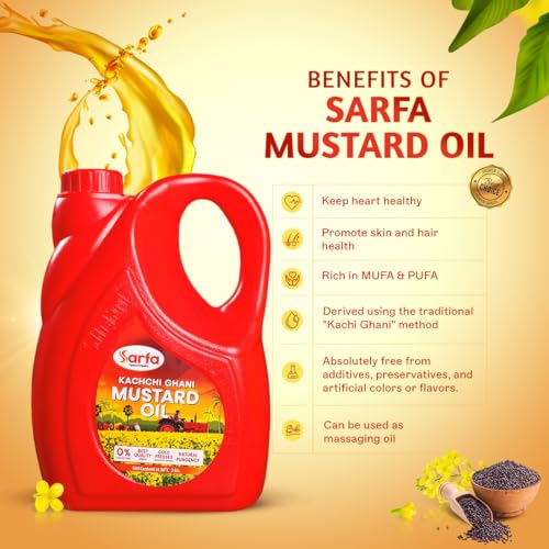Image of Sarfa 2L Jar Kachi Ghani Cold Pressed Mustard Oil | Pure, Chemical-Free, and Rich in Heart-Healthy MUFA & PUFA | Zero Cholesterol, with a Rich Aroma and Flavor | Ideal for Cooking and Pickles