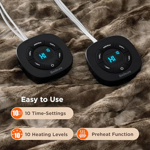 Image of Bedsure Faux Fur Electric Blanket Queen Size, Dual Control Heated Blanket Queen, Fast Heating Blanket with 10 Heating Levels & 10 Time Settings, Cozy Gifts for Women Men (84x90 inches, Brown)