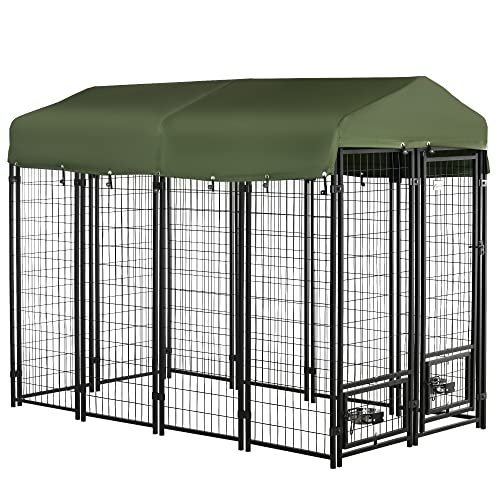PawHut Kennel per Cani in Acciaio per Interni ed Esterni con Tettuccio in Tessuto Oxford e 2 Ciotole, 244x122x183 cm, Nero e Verde Scuro