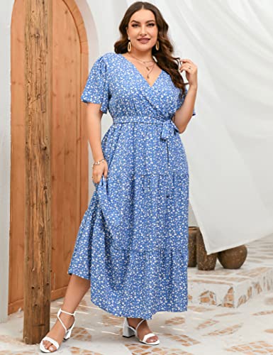 Image of ShopWonder Womens Plus Size V Neck Wrap Maxi Dress High Waist Ruffle Summer Casual Dress with Belt