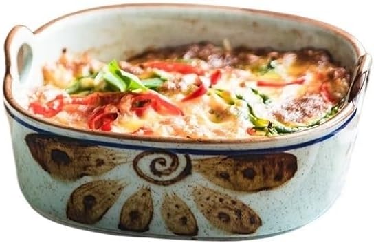 Lasagna Pans Household Fried Fruit Salad Bowl Oven Baked Rice Tray Ceramic Tableware 590ML Double Ear Baking for Baking Cake