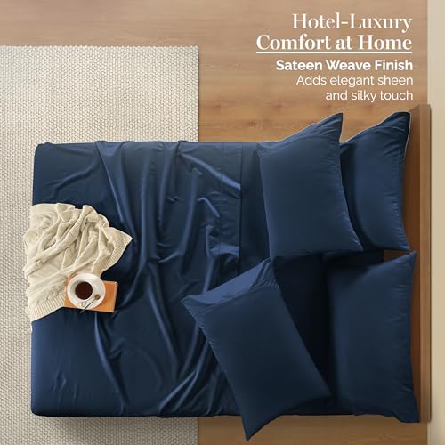 Casa Platino 100% Egyptian Cotton Sheets California King Size Set - 6 Pcs (1 Flat, 1 Fitted, 4 Pillowcases)- Ultra Smooth Sateen Weave Bed Sheets with 15" Deep Pockets - Navy Blue