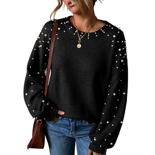 Pearl Sweater for Women Lantern Sleeve Drop Shoulder Crewneck Sweatshirt Knit Chunky Pullover Sweaters with Pearls Black