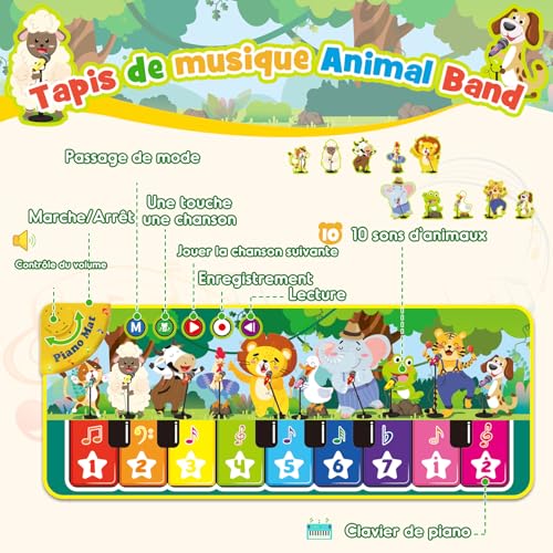 Gralal Jouet Enfant 1 2 Ans, Tapis Piano Bebe avec 10 Sons d'animaux Jouet Cadeau Bebe Fille Garcon 1 2 an, Pianos Et Claviers Bebe Educatif Sensoriel 1 an Batteries Et Percussions – vue 2