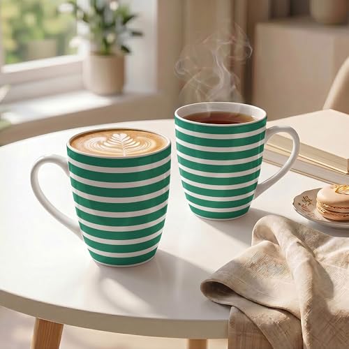 Image of UPC Milk Mug Set of 2 | Classic Emerald Green & White Bold Horizontal Stripe | Coffee Tea Ceramic Mug for Home Office & Gifting