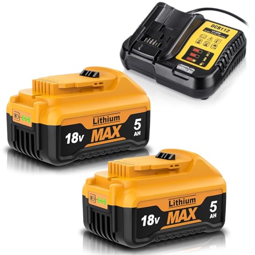 2 Pack 5.0Ah/5000mAh Battery And 4A Charger Replacement for Dewalt DCB184 DCB200 DCB180 DCB182 DCB101 DCB107 DCB112 DCB105 DCB115 DCB203 Applicable to Cordless Power Tools Batteries with LED Indicator