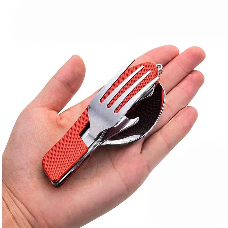 2 pcs 4-in-1 outdoor folding knife, fork, and spoon, portable folding tableware, storing stainless steel knife, fork, and spoon, outdoor multi-purpose tableware(1Red/1Black)