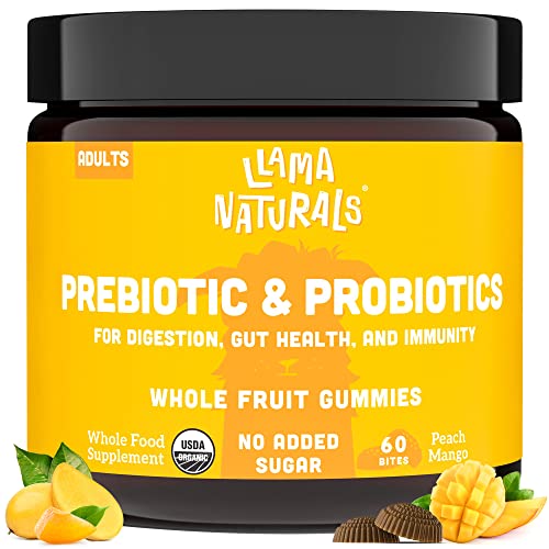 Whole Fruit Prebiotic and Probiotic Gummies for Adults - No Added Sugar Prebiotics and Probiotics for Women Gummies - 5 Billion CFU Vegan Organic Probiotics for Men - 60 Count (30 Days) (Peach Mango)