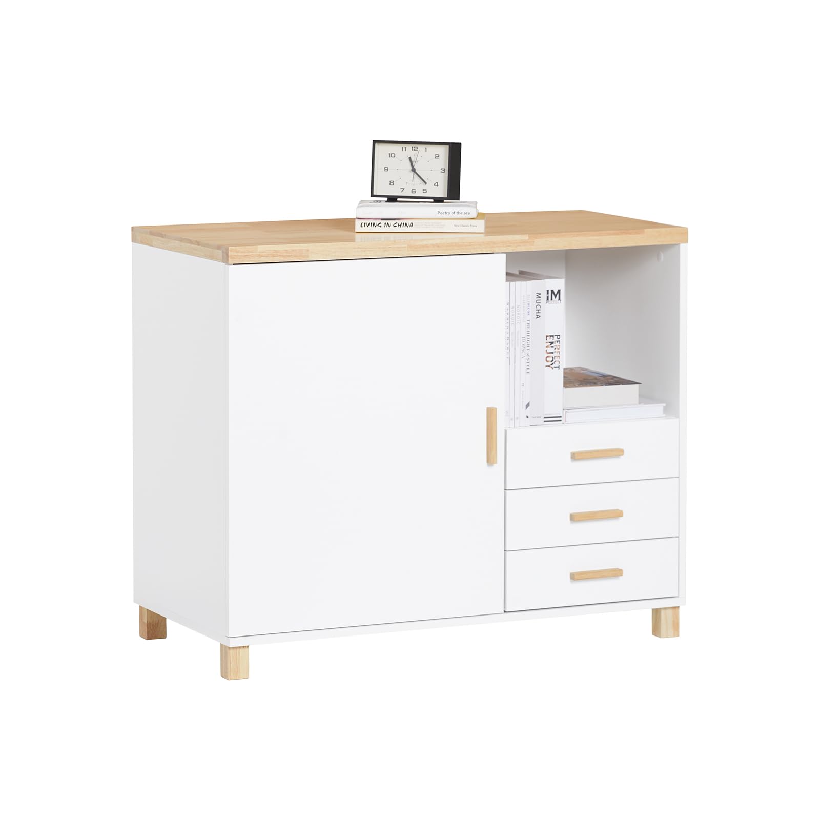 SoBuy Cassettiera Ufficio Mobiletto Salvaspazio con 3 Cassetti e 1 Vano Aperto Supporto Stampante Schedario da Ufficio Cassettiera da Scrivania Bianco e Naturale 90x45x75cm ASK07-WN