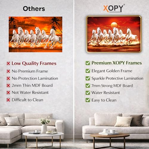 Image of XOPY Seven Running Horses with Golden Frame | Vastu 7 horses Raw Pyrite Painting for Home, Office & Living Room Wall Decore | 12X18 Inch Sparkle Laminated Frame | Best For Gifting (3064, 12X18)