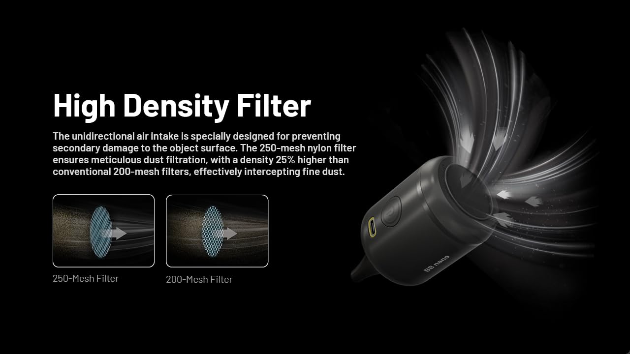 Nitecore BB Nano - Spolverino elettrico con filtro per la pulizia di fotocamere, obiettivi, tastiera, computer, laptop ed elettronica, ricaricabile tramite USB-C, portatile, con filtro e cavo di