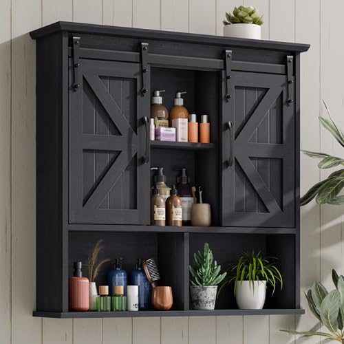 Image of Vabches Bathroom Wall Cabinet, Farmhouse Medicine Cabinet, Black