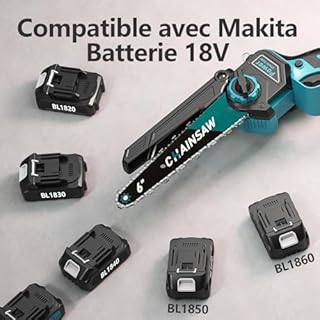 Mini Tronconneuse a Batterie 4000mAh, 6 Pouces 1000W Brushless Tronconneuse Electrique Sans Fil avec Graisseur Automatique, 3 Chaînes, 2 Batteries 2000mAh, Elagueuse Batterie Compatible avec Makita