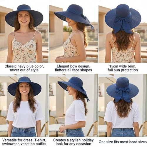 Sombrero de paja para mujer con ala ancha azul miniatura 6