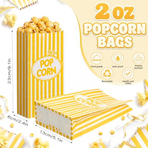 Image of Potchen 200 Pcs Paper Popcorn Bags Bulk 2 oz Large Individual Serving Popcorn Bag Flat Bottom Disposable Container Vintage for Movie Night Themed Summer Back to School Party Carnival (Yellow)