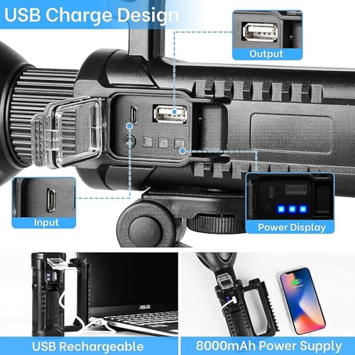 Image of CBEX Rechargeable Spotlight, Super Bright 100,000 LM LED Flashlight Handheld Spotlight 8000mAh Long Lasting Large Flashlight Searchlight and Flood Camping Flashlight with Foldable Tripod (CB-RE20)