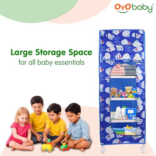 Image of OYO BABY Kids Wardrobe for Storage 5 Shelves | Heavy Duty Plastic Almirah for Baby Clothes, Toys & Books Rack | Compact Storage Organizer for Nursery /Bedroom [Cartoon Printed - Blue]