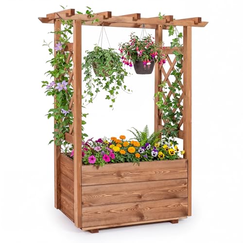 Giantex Raised Garden Bed with Sided Trellis & Roof, 31”x16”x41” Wood Elevated Planter Box, Freestanding Garden Planter Raised Bed for Flowers Herbs Climbing Vines,Brown,1