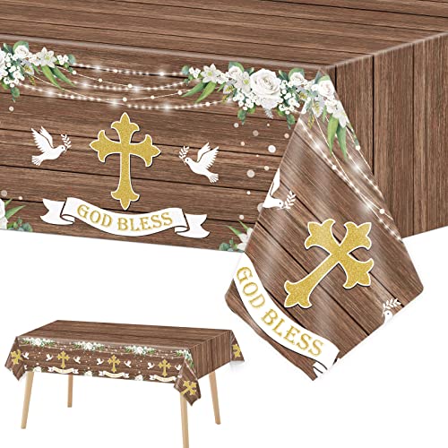 Image of 3 PCS God Bless Baptism Tablecloths - Decoration for First Holy Communion, Christening, Newborn Baby Shower Theme Supplies - Plastic Table Cover - Rustic Wood Floral Party Favors