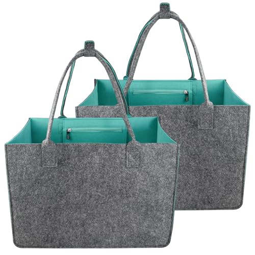 2 Stück Filztasche Groß Shopper - Tragetasche Groß Faltbare Einkaufstasche mit Fächern und Innentasche Ideal als Kaminholztasche Zeitungskorb Tragetasche für Einkaufswagen Reisen(40x27x27cm Grün)