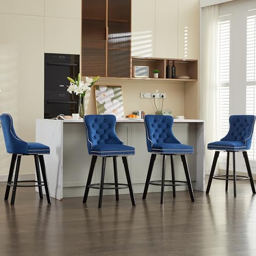 Image of YITAI Modern Swivel Set of 6 Velvet Barstools with Large Backrest and Sturdy Metal Footrest,Button Tufted Rivet Trim Dining Room Chairs with Metal Pull Ring for Kitchen Island,Home Bar,Bistro, Blue