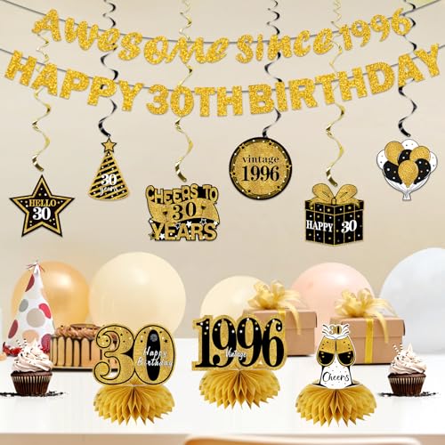 Image of Kuxriox 11Pcs 30th Birthday Decorations Kit for Men Women, Black Gold Happy 30th Birthday Banner, Awesome Since 1996 Centerpieces Swirls Party Supplies, Thirty Bday Banner Ceiling Table Topper Sign