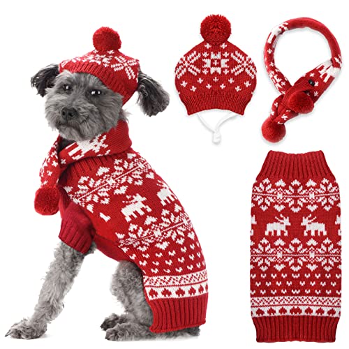 HRTTSY Dog Christmas Sweater Scarf and Hat Set for...