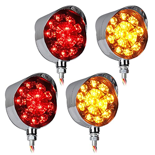 Astra Depot 4pcs Round Dual-Face with Chrome Visor 28-LED IP65 Red Amber Pedestal Running Brake Turn Signal Side Marker Lights Compatible with Peterbilt Kenworth Freightliner Volvo Semi Truck Trailer