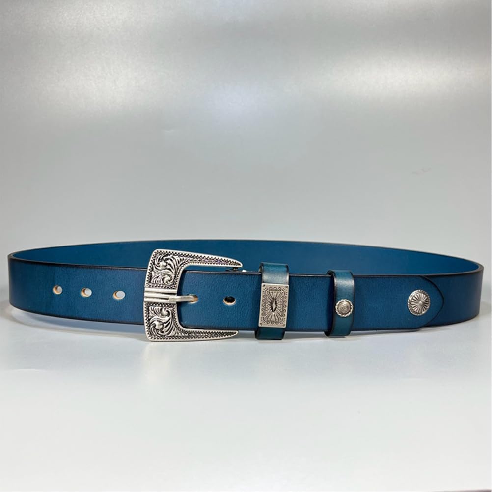 Cintura da Cowboy per Uomo, Cintura in Vera Pelle Western Country Inciso-Fibbia, per Jeans Pantaloni Casual, Fatta A Mano, Design Moda E Classico,Blu,110CM/43.3''