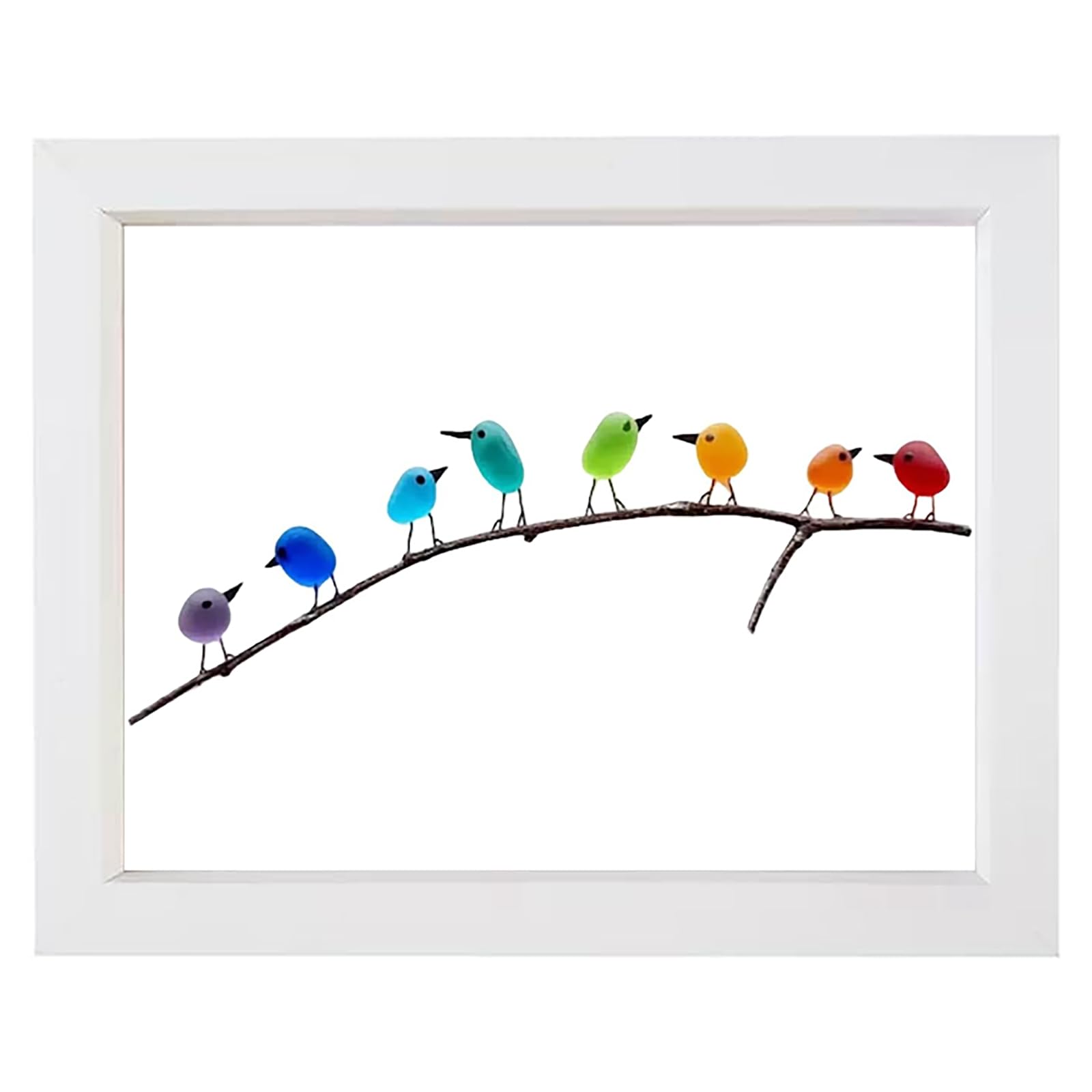 ABPWO Sea Glass Art, Rainbow Birds on Branch, Glass Pictures Wall Art, Sea Glass Decor, Housewarmings, Birthday & Wedding Gifts, Handmade