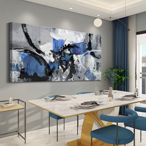 Image of Large Abstract Wall Art - Canvas Wall Art in Blue and Black Tones, Framed Gray Artwork for Living Room, Bedroom, and Office Decorations for Work - Modern Wall Decor and Pictures
