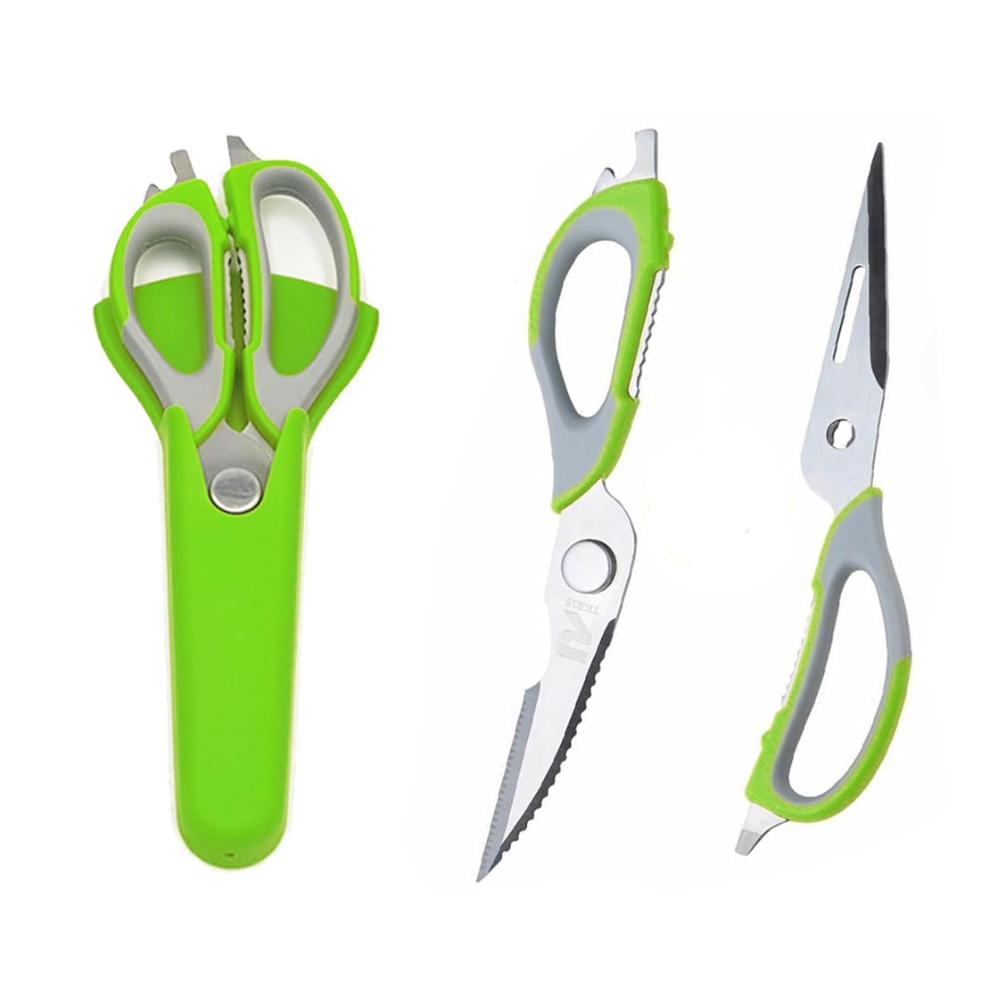 Xemz Green Multifunction Kitchen Scissors, 7-In-1 Heavy Duty Stainless Steel Culinary Scissor With Magnetic Holder, Detachable Household Kitchen Shear For Cut Poultry Bone Vegetables Fruit Seafood (Green)