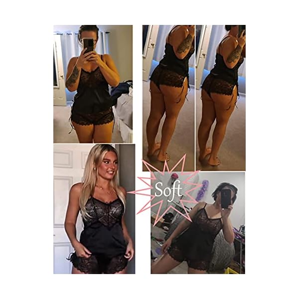 Avidlove Sexy Pajama for Women Lace Cami and Shorts Sexy Satin Sleepwear Set Black, M - Image 3