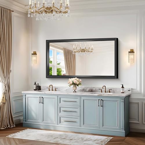 Image of Bathroom Mirror, 30 x 55 Inch Brushed Black Rectangle Mirror, 0.6 inch Thickened Deep Metal Frame Mirrors for Wall Over Sink, Shatterproof Tempered Glass, Antirust, Horizontally or Vertically