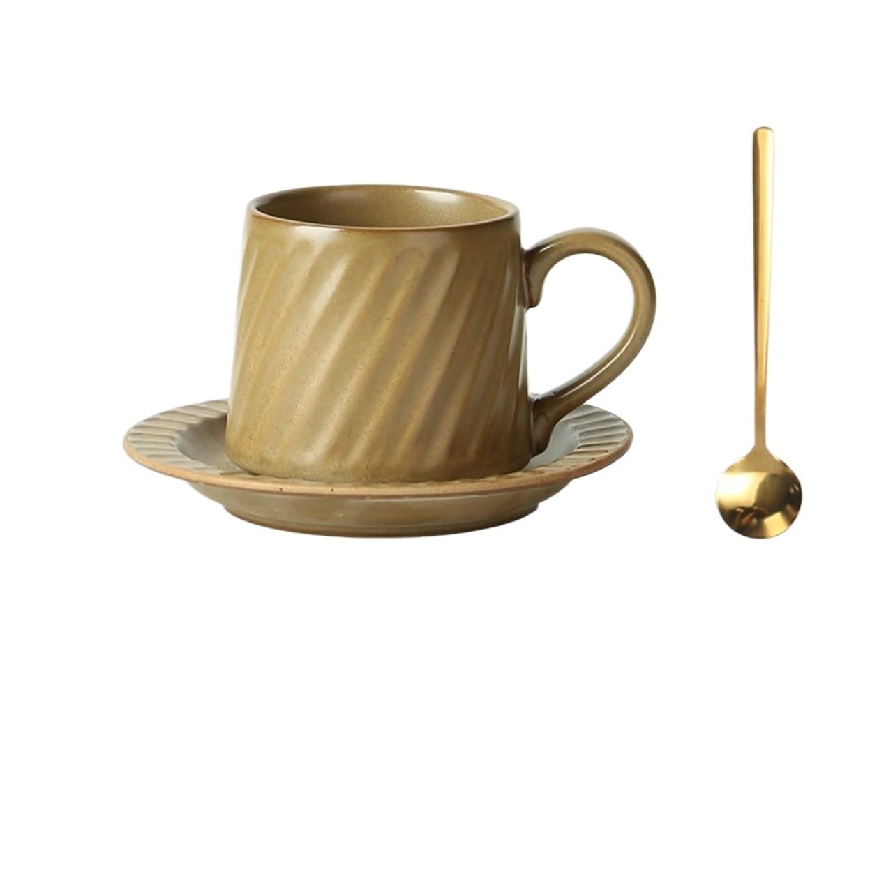 LIBANGRONG-888 Mugs Retro Ceramic Khaki Mug Afternoon Tea Milk Coffee Cup with Saucer and Spoon 300ml Milk Tea Cup