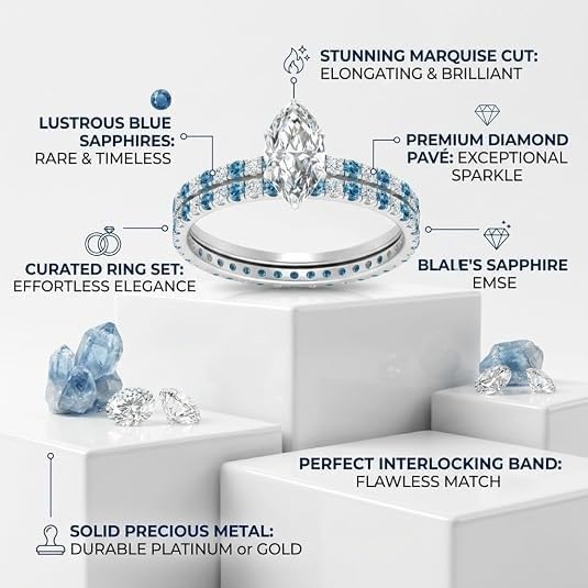 Image of Choose Your Gemstone Three Quarter Diamond CZ Gallery Bridal Ring Set 925 Sterling Silver Marquise Shape Wedding Ring Sets for WomenUS Size 4 to 12