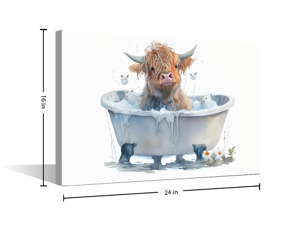 TISHIRON 1 Panels Office Decor Highland Cow Bathroom Wall Art Longhorn Cow Bathtub Wall Decor Bathtub Animal Highland Cattle Wall Decor for Bedroom Posters & Prints Framed Ready to Hang (16" Wx24 H) - Image 2