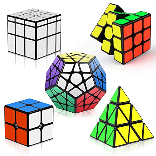 Vdealen Zauberwürfel Set mit 2x2 3x3 Pyramide Megaminx Spiegelwürfel AufkleberGeschwindigkeitswürfel-Set, 5er Pack Cover