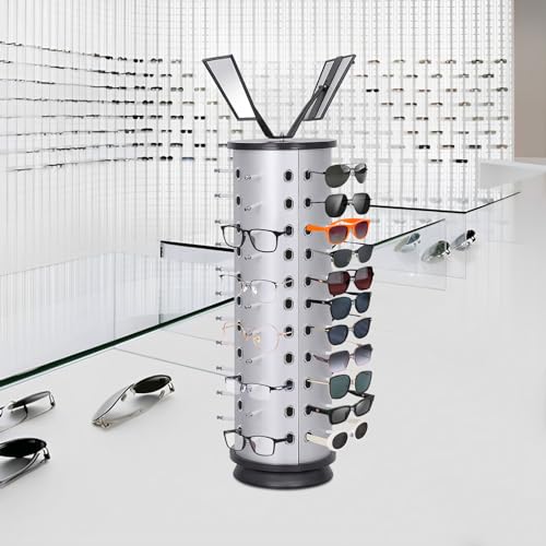 360° Rotating Sunglasses Display Stand, 44-Pair Sunglasses Organizer Glasses stainless steel glasses holder stand glasses organizer modern style With mirror Eyeglass Display Turning Stand for optical stores, exhibitions, clothing stores