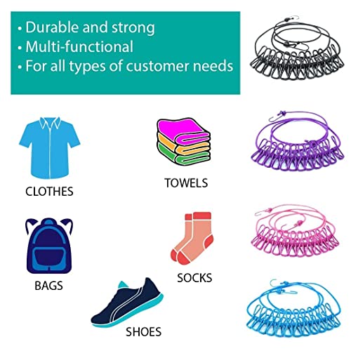 Image of Nibbler Cloth Drying Rope with Hooks - Elastic Hanging Rope for Travel, Home, and Outdoor Drying - Includes 12 Clips-Kapde Sukhane ki Rassi Wire - Multicolour (3)