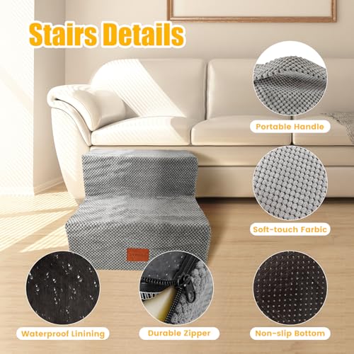 High-Density-Foam-Dog-Stairs-for-Small-Dogs-Extra-Wide-8-Pet-Steps-Stairs-for-Beds-Couch-Sofa-Non-Slip-Soft-Dog-Ramp-with-Portable-Handle-for-Cat-and-Doggy-Grey-2-Steps - Cucciolini Doodles High-Density-Foam-Dog-Stairs-for-Small-Dogs-Extra-Wide-8-Pet-Steps-Stairs-for-Beds-Couch-Sofa-Non-Slip-Soft-Dog-Ramp-with-Portable-Handle-for-Cat-and-Doggy-Grey-2-Steps