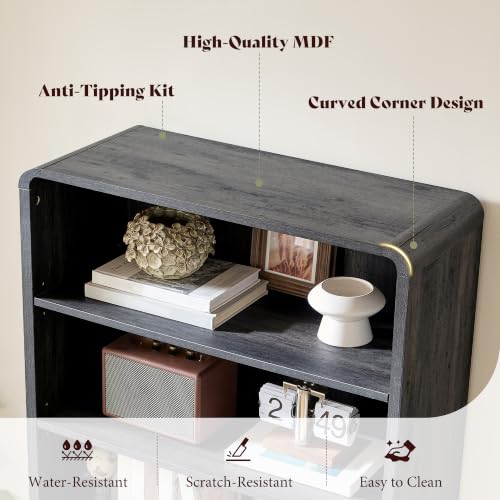 Image of AMERLIFE 71 inch Modern Bookcase Set of 2 with Storage Cabinet, 6-Tier Bookshelf with 3 Adjustable Shelves & Fluted Doors, Wood Curved Display Cabinet for Living Room, Dining Room, Home Office, Dark Grey