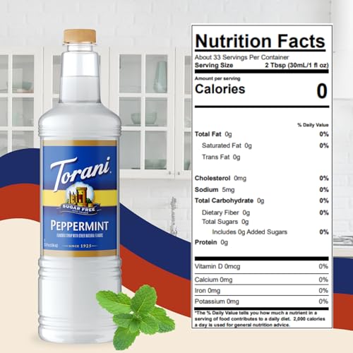 Image of Torani Sugar Free Peppermint Syrup 1 Liter Bottle with Pump Dispenser - Zero Sugar, Zero Calories, Keto Friendly, Gluten Free Mint Flavor for Coffee, Lattes, Cocktails, and Holiday Drinks