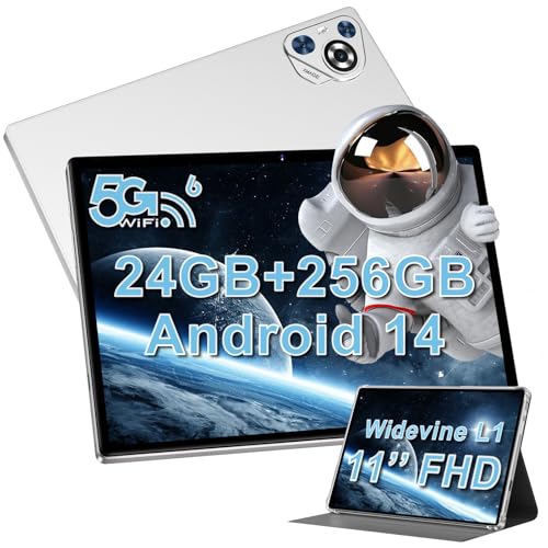 JUEDUR Tablet Android 14 Tablet 11 Pulgadas Tablets 256GB RAM+24 GB RAM (1TB TF), 8000 mAh / 13MP + 5MP / Widevine L1 / 5G Wi-Fi6 / Octa Core 2.0 GHz, Face ID,1280 x 800 HD/Funda - Plateado