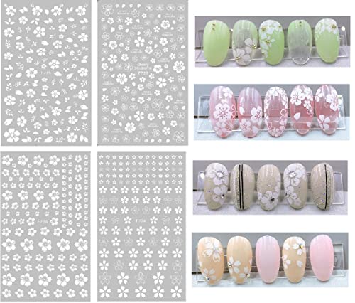 S.A.V.I Paper 4 Sheets Set Self Adhesive 3D White Flower Floral Design Nail Art Stickers