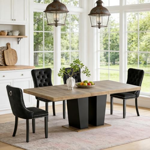 Image of Extendable Dining Table Set for 4, 78.74 inch Wooden Expandable Kitchen Table with 4 Black Velvet Chairs, Farmhouse Extendable Dining Room Table Set for 4, 5 Piece Dining Table Set for Dinning Living Room