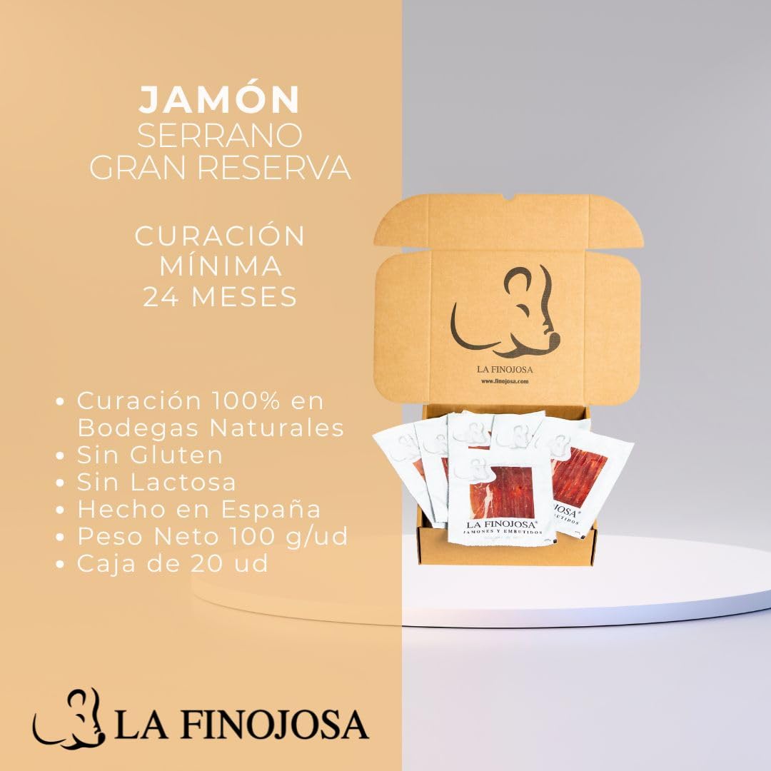 Jamón Serrano Gran Reserva Loncheado - Pack 20 Sobres de 100 g - Mínimo 24 Meses de Curación - Pata de Jamón - Aroma Agradable e Intenso - Sabor Dulce y Poco Salado - La Finojosa