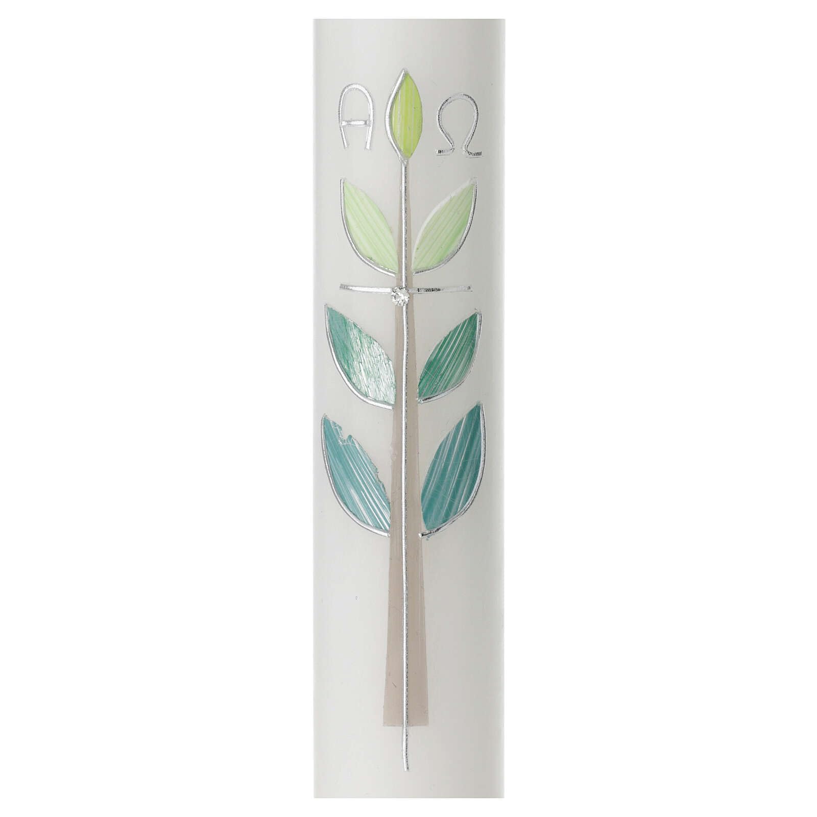 Large Candle for Baptism, Cross with Green Leaves, 400x40 mm